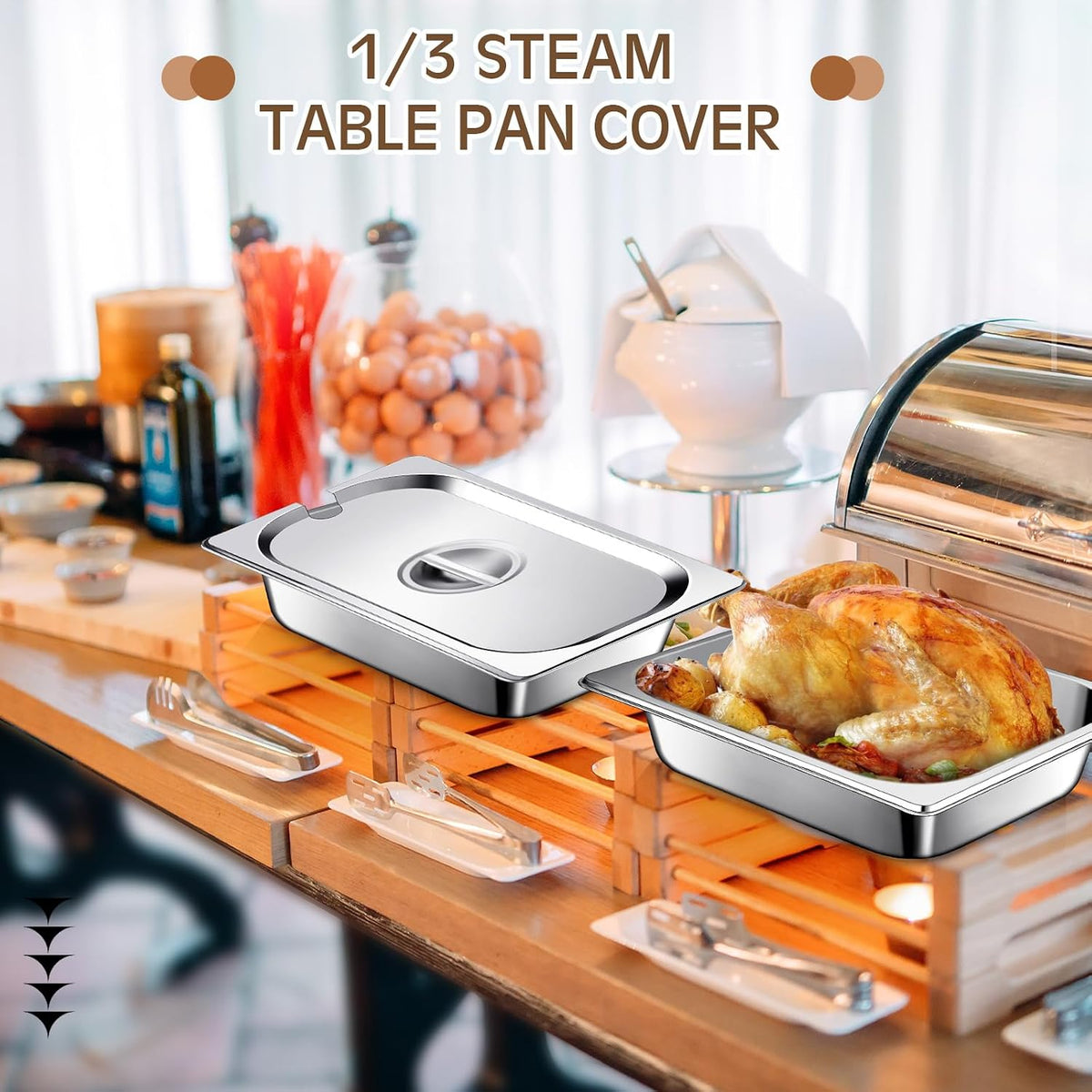 6 Pack 1/3 Steam Table Pan Covers Stainless Steel Hotel Pan Lid with Handle Catering Food Pan Cover Slotted Notched
