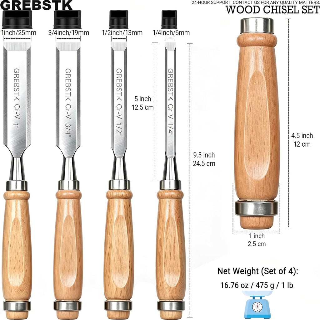4 Piece Wood Chisel Set CR-V Steel Sharp Bevel Edge for Woodworking | Chromium Vanadium, High Hardness & Durability.