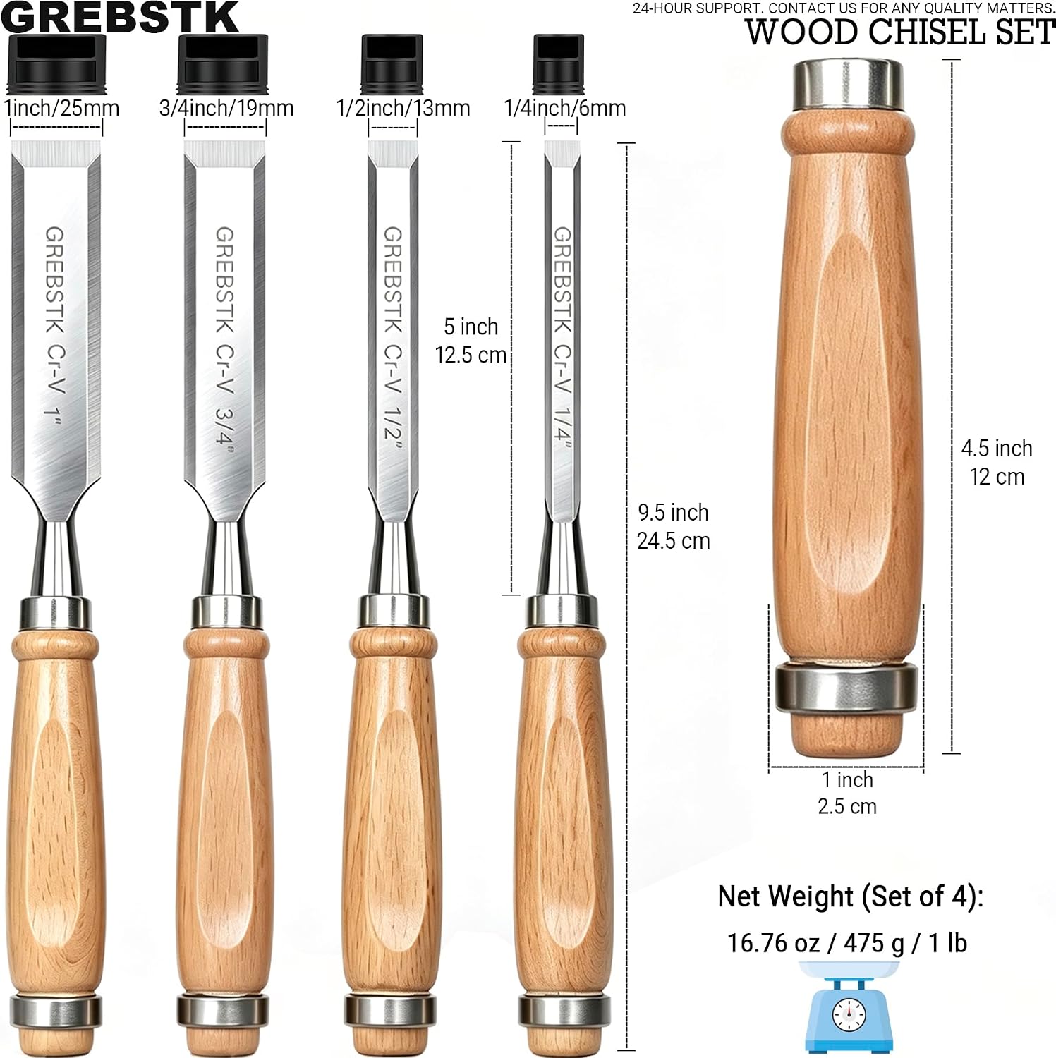 4 Piece Wood Chisel Set CR-V Steel Sharp Bevel Edge for Woodworking | Chromium Vanadium, High Hardness & Durability.