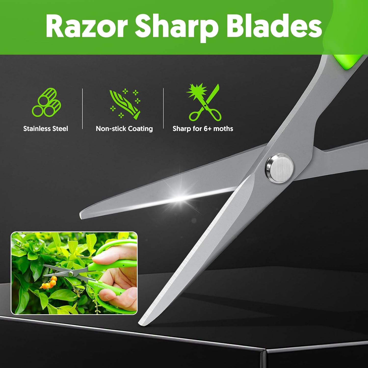 Garden Scissors, 6-in Curved Blade Pruning Shears, Non-Stick Coated Steel | Sharp Small Gardening Snips for Plants