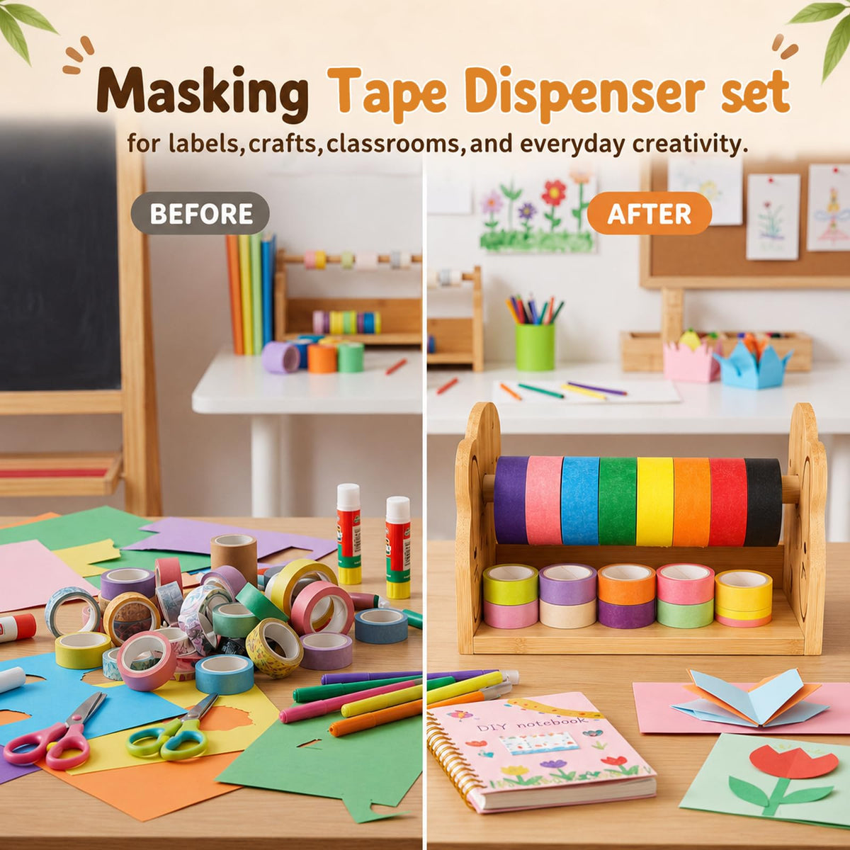 9 Pcs Cat Masking Tape Dispenser with Colored Tape,Bamboo