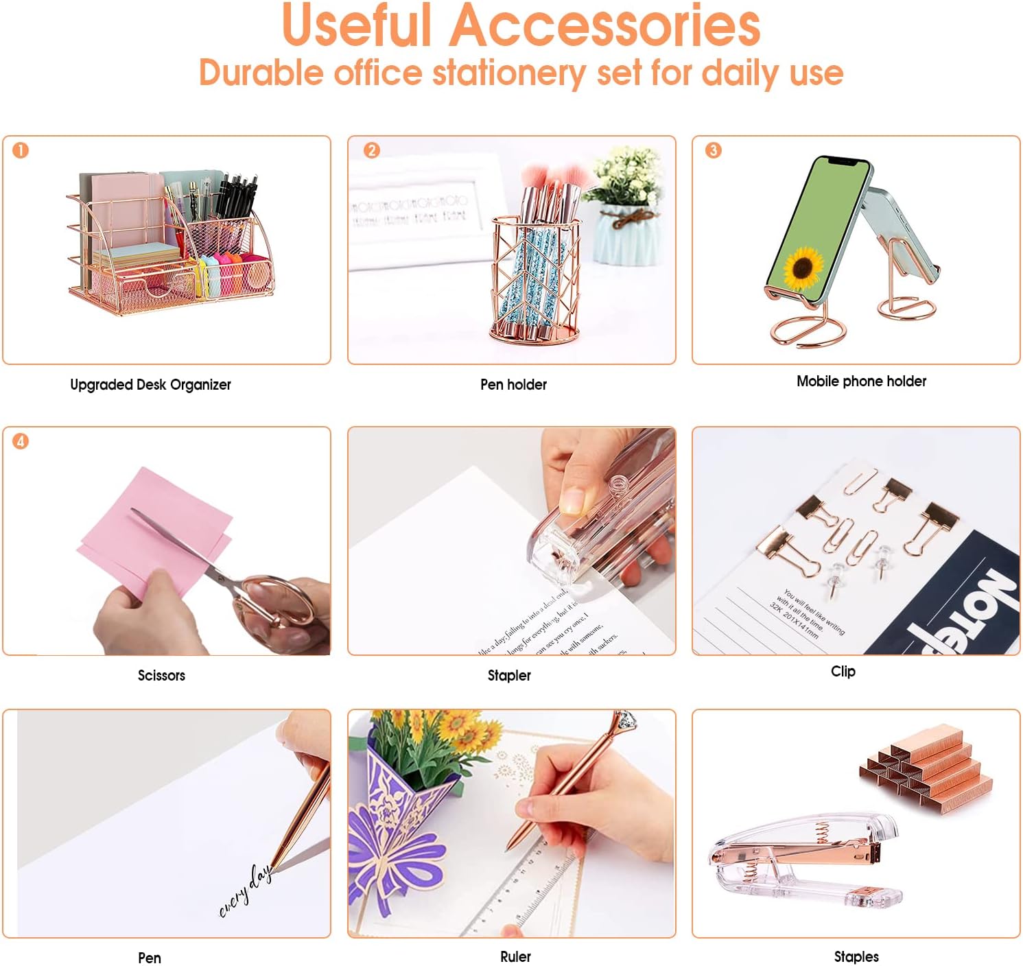Rose Gold Desk Organizers and Accessories Office Supplies Set Stapler, Pen Holder, Phone Holder, Scissors, Pen