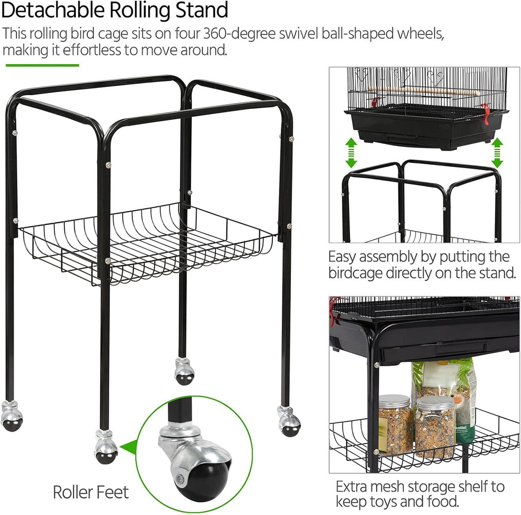64'' Open Top Bird Cage for Parakeets & Cockatiels, Black | Detachable Rolling Stand with Shelf, Easy Clean Slide Out