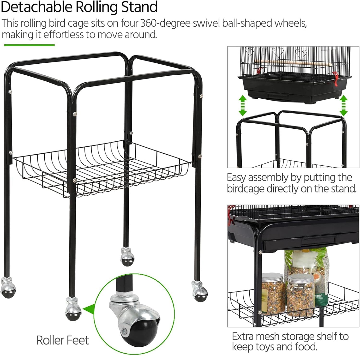 64'' Open Top Bird Cage for Parakeets & Cockatiels, Black | Detachable Rolling Stand with Shelf, Easy Clean Slide Out