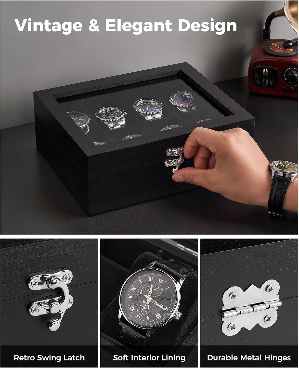8 Slot Wooden Watch Display Case With Glass Lid, Organizer | Elegant Wooden Watch Box With Glass Lid And Soft Lining