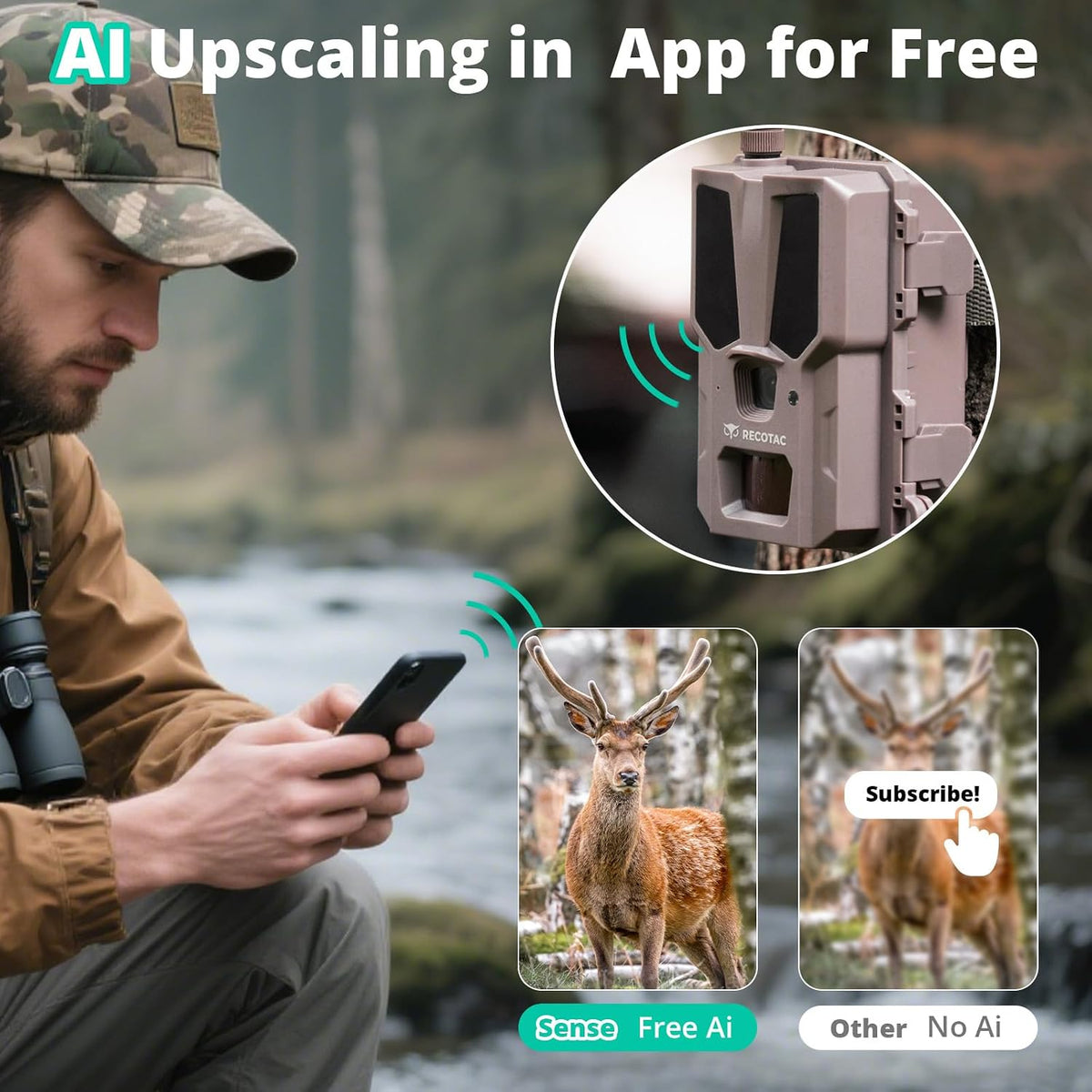 Sense Cellular Trail Camera - 32MP 1296P Game Camera with AI Photo Upscale,4G LTE Trail Cam No WiFi Need,No Glow