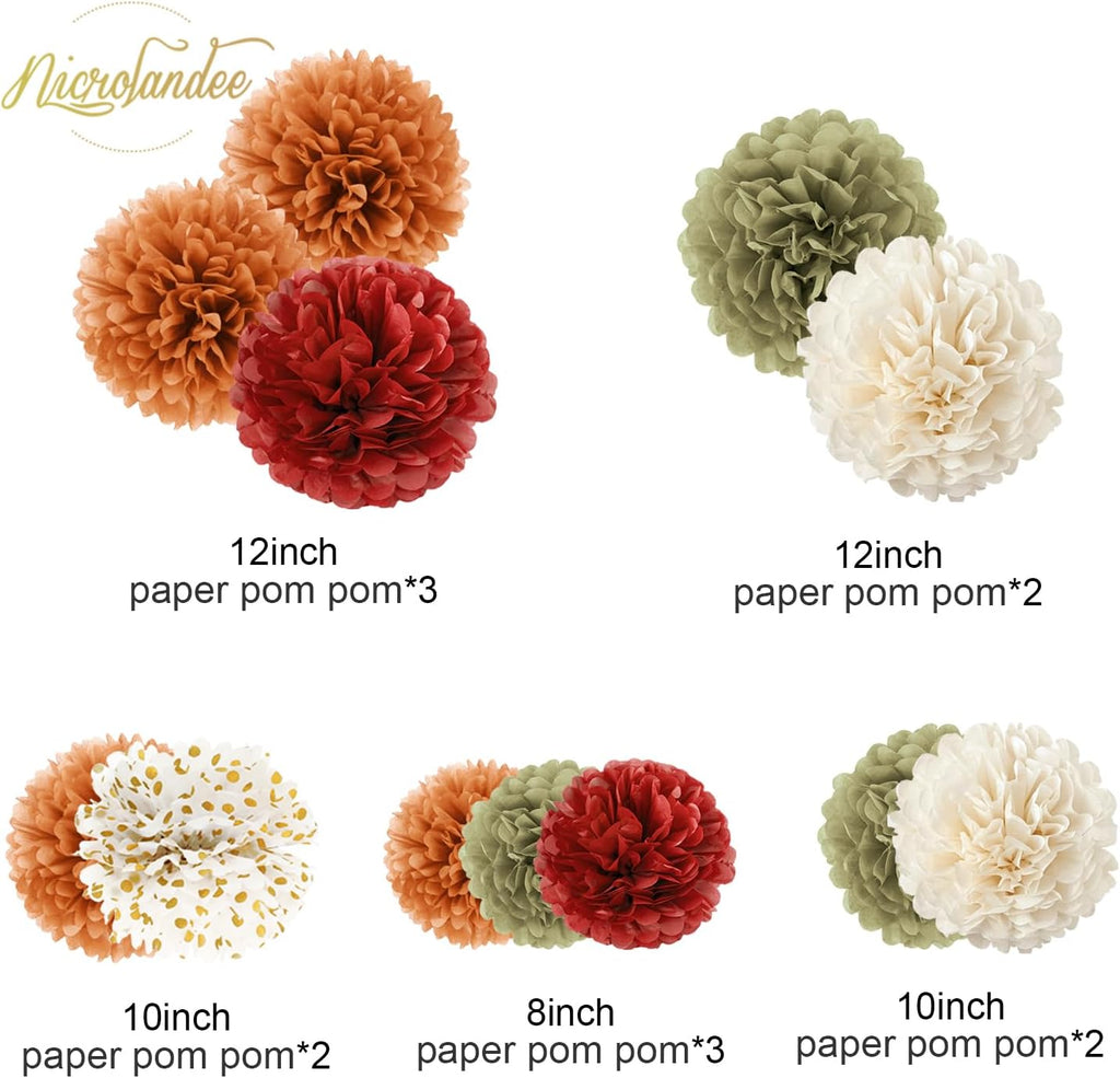 Fall Party Decorations, 12 PCS Pumpkin Orange Burgundy Sage Green Ivory Tissue Pom Poms Thanksgiving Decor for Home