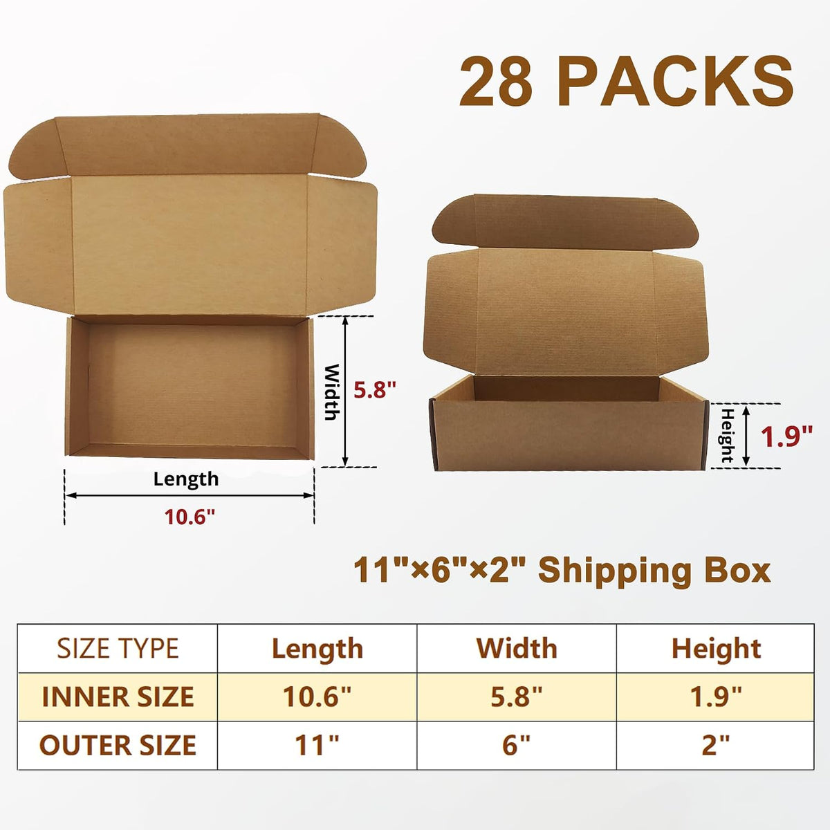 11 x6 x2 inches Corrugated Shipping Boxes, Brown Cardboard Mailers, 28 Pack