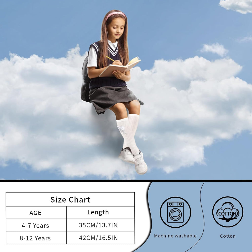 Girls Socks, 2 Pairs Girls Knee High Socks with Bows 4-12 Years | Soft Cotton, School Uniform Long Socks, Breathable