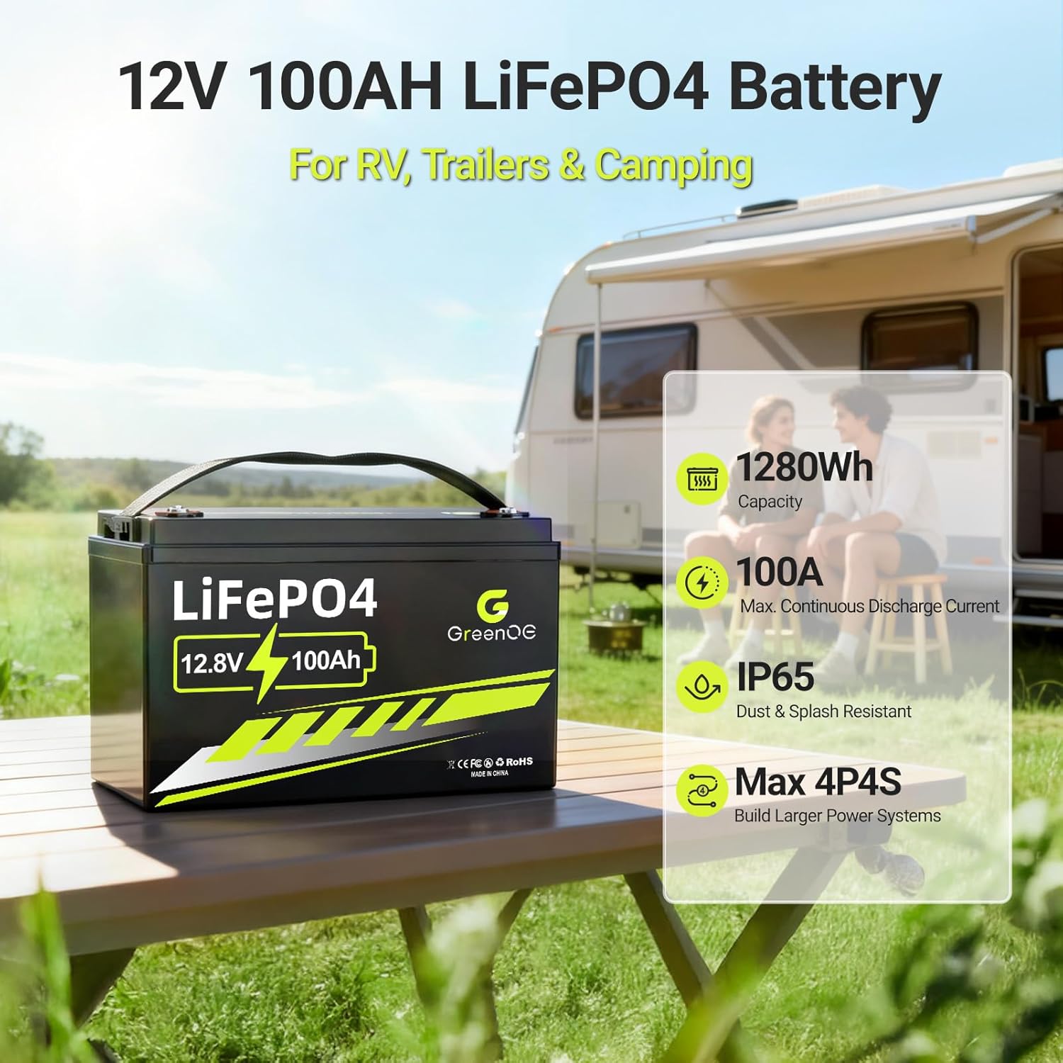 12V 100Ah LiFePO4 Battery, Lithium Battery Deep Cycle Group 31, Smart 100A BMS, 1280Wh Energy, 15000+ Cycle, 10-Year