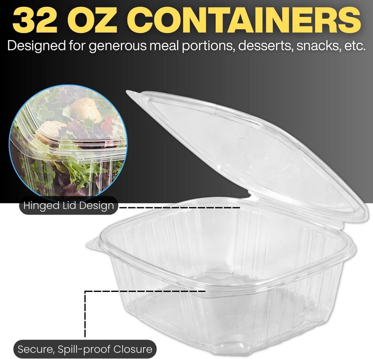 Deli Containers with Hinged Lids, Clear PET Plastic, 32 Ounces, 50 Count, Clamshell, Rectangular, Leak-Resistant