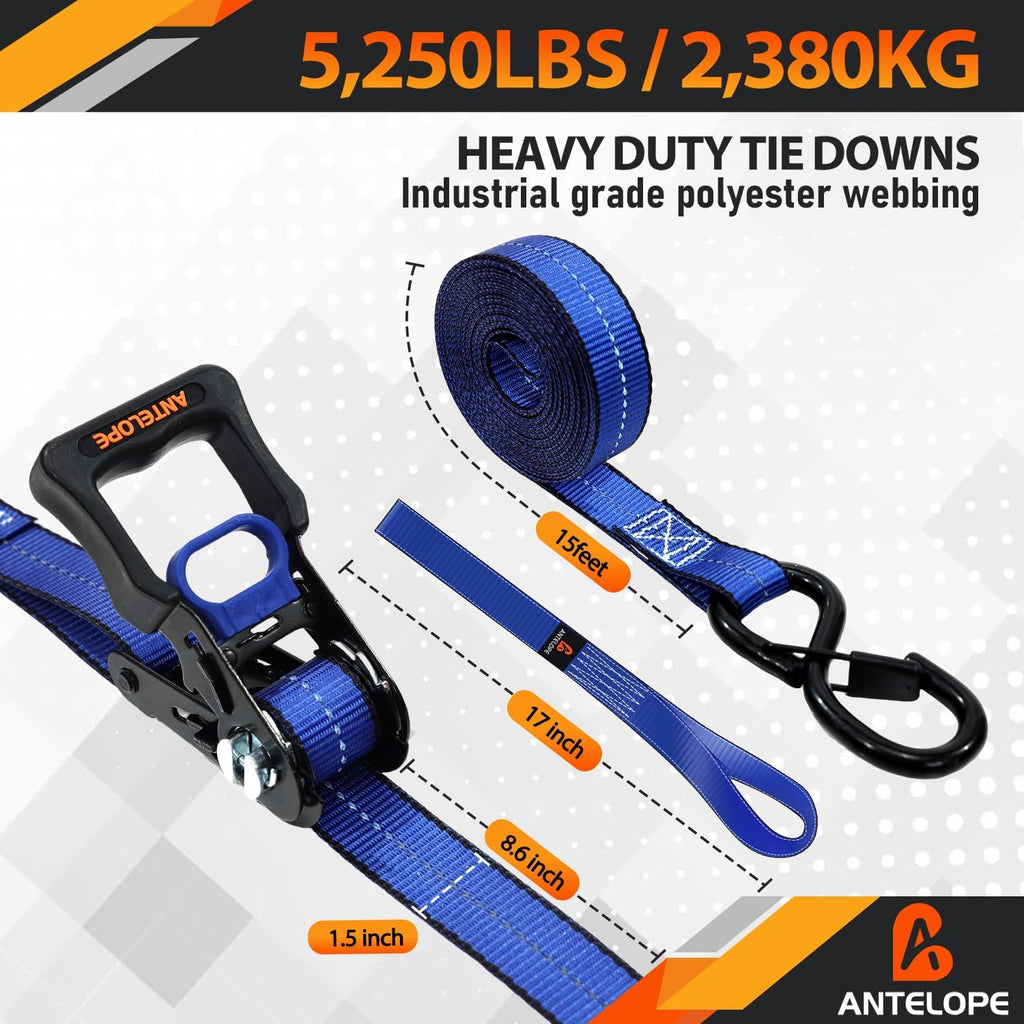 4 Pack 1.5" x 8' Ratchet Tie Down Straps with S Hooks, Blue | 5250 LBS Breaking Strength Heavy Duty Ratchet Straps