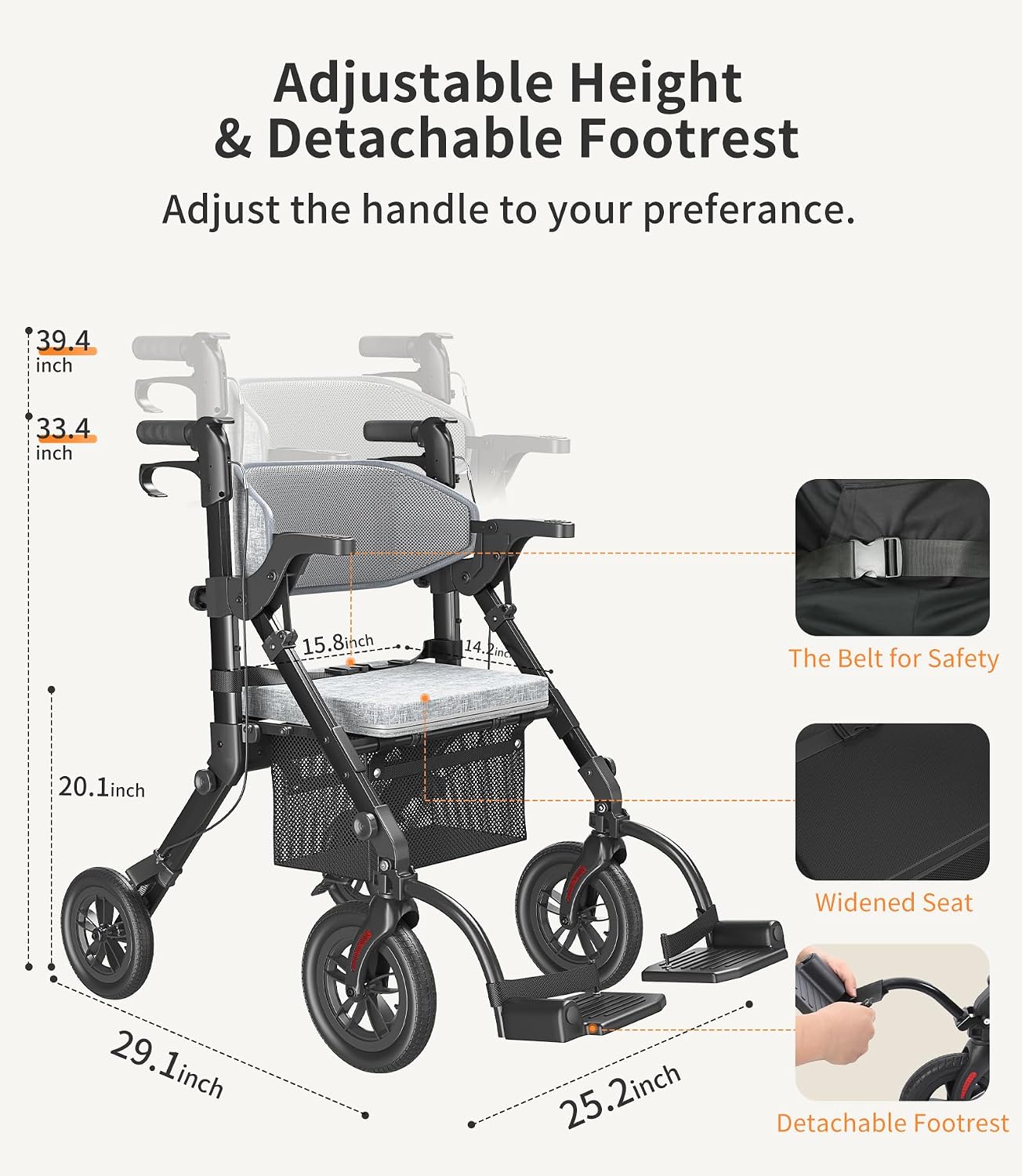Rollator-Walkers-for-Seniors-with-Seat, Walker Wheelchair Combo, Transport-Wheelchair-Lightweight-Foldable, Adult