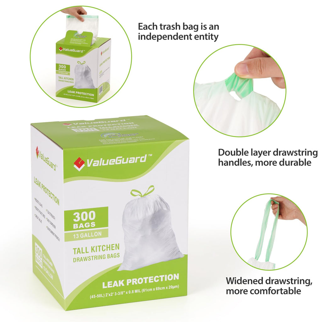 Large Trash Bag 13 Gallon Tall Drawstring 100% Post-Consumer Recycled Garbage Bag Waste Bag for Kitchen Office 0.8