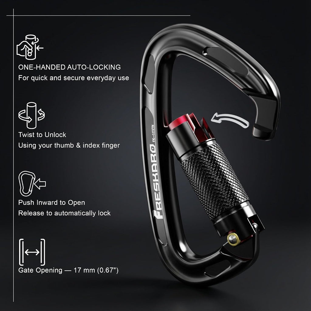 UIAA Certified 25KN Auto Locking Climbing Carabiner Clips, Twist Lock, and Heavy Duty Carabiners for Rock Climbing