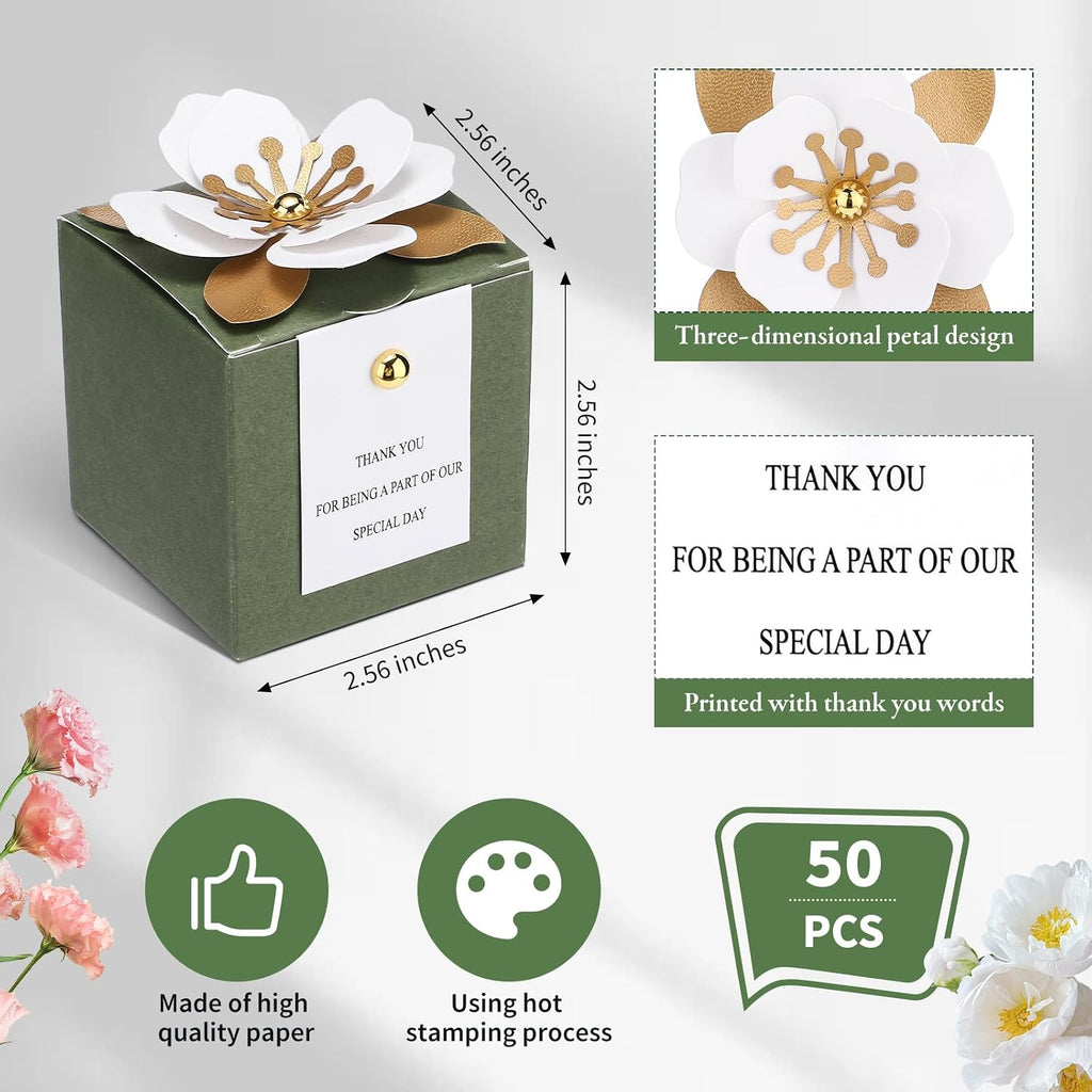 50 Pcs Wedding Favor Boxes with Thanks Card Square Flower Candy Boxes Paper Bridal Gift Box for Guests Wedding Bridal