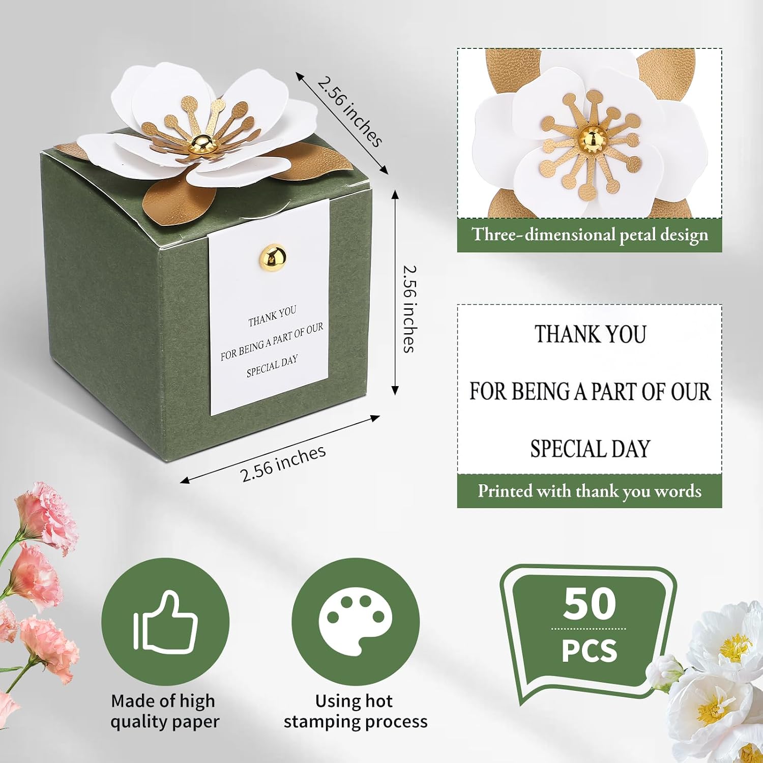 50 Pcs Wedding Favor Boxes with Thanks Card Square Flower Candy Boxes Paper Bridal Gift Box for Guests Wedding Bridal
