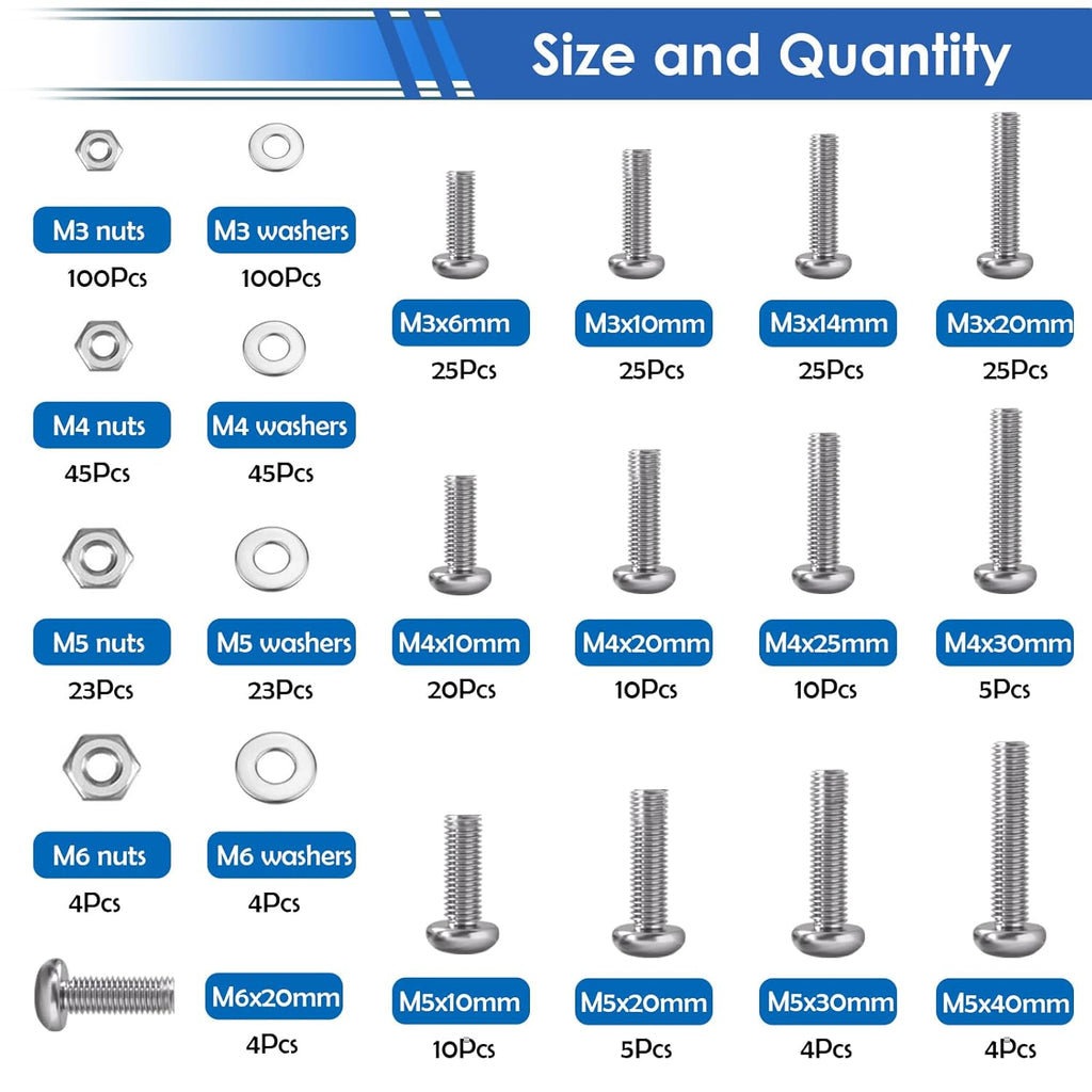 516Pcs Nuts and Bolts Assortment Kit 21-Sizes M3/M4/M5/M6 Nut Bolt Washer Assortment Kit for Machinery, Furniture
