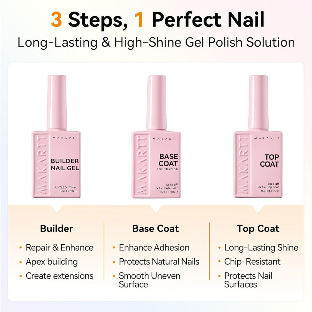 Builder Nail Gel with Top Coat Base Coat Kit 3 PCS 15ml | Long Lasting Diamond-Shine Finish No Wipe Clear Gel Polish