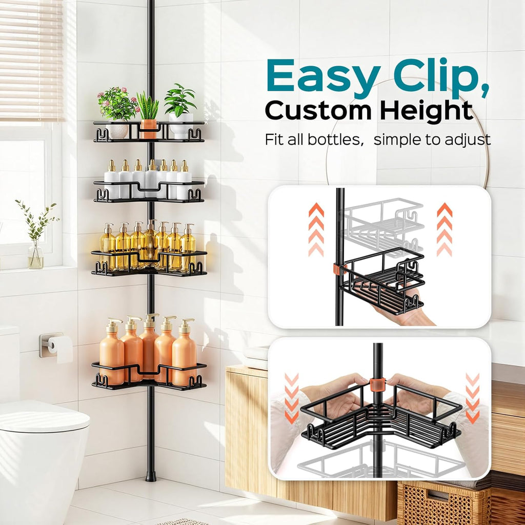 Shower Caddy Tension Pole: 4-Tier Adjustable Corner Organizer Black | Heavy Duty Rustproof L-Shaped Shelves- No