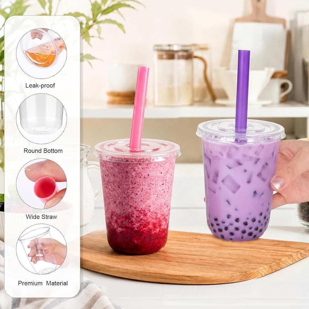 100 Sets 16oz Clear Plastic Cups with Lids & Colorful Boba Straws