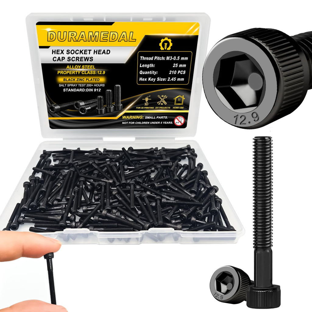 M3x25mm Screws 210pcs Hex Socket Cap 12.9 Steel Black Zinc Half Thread