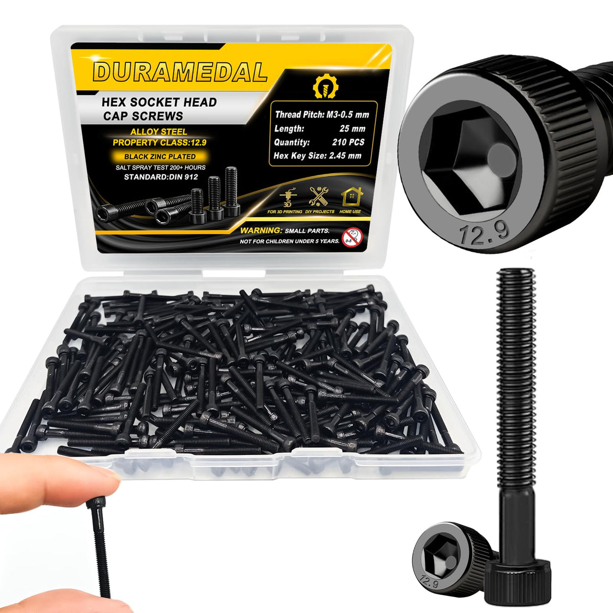 M3x25mm Screws 210pcs Hex Socket Cap 12.9 Steel Black Zinc Half Thread