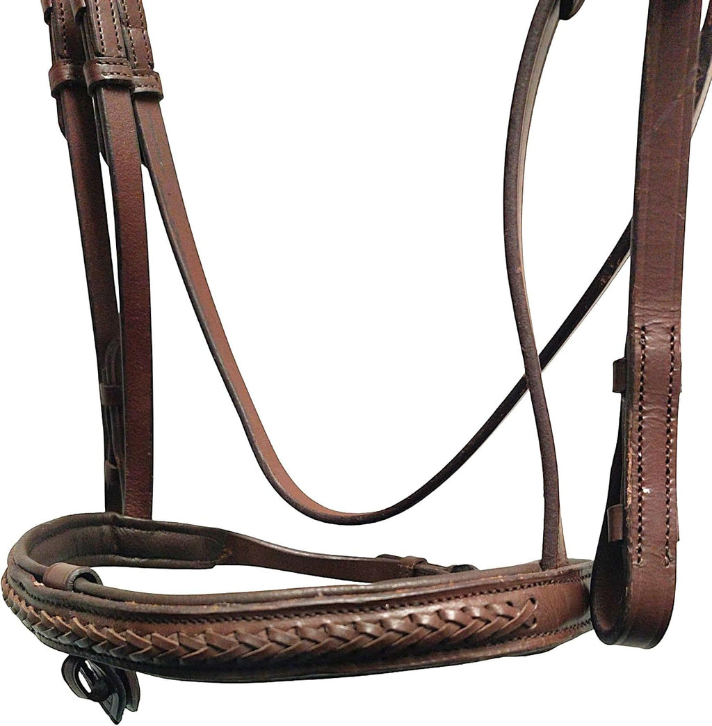 Braided Havana Brown Leather Bridle with Removable Flash – Padded Browband & Noseband – Horse Riding Bridle for