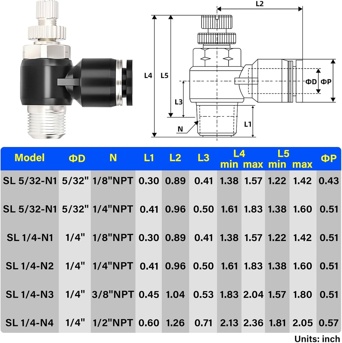 TAILONZ 1/4" x 1/4" NPT SL-1/4-N2 Elbow Flow Control Valve 3Pcs