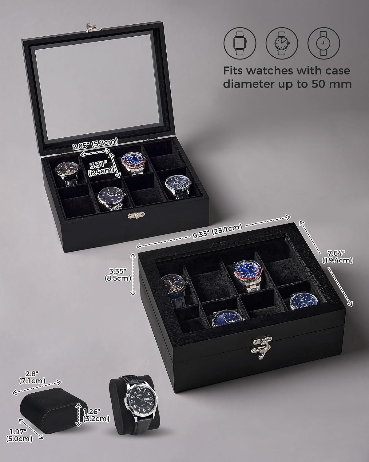8 Slot Wooden Watch Display Case With Glass Lid, Organizer | Elegant Wooden Watch Box With Glass Lid And Soft Lining