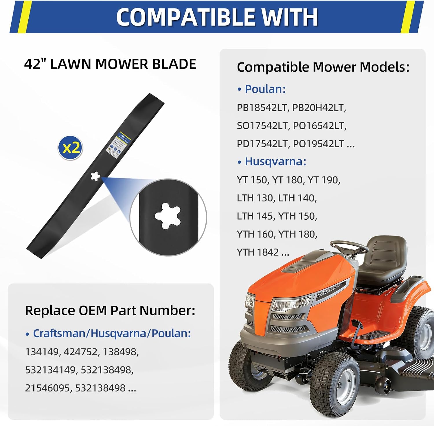 532134149 422719 Mower Blades for Craftsman 42 inch Deck Mower, Fits Craftsman Riding Mower LT1000 LT2000 with