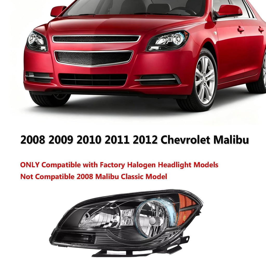 Black Clear Headlight Assembly for 2008 2009 2010 2011 2012 Chevy Malibu