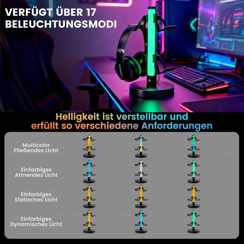 COM Headphone Stand with 17 Light Modes, Gaming Controller Holder with Remote Control, PC Gaming Accessories for