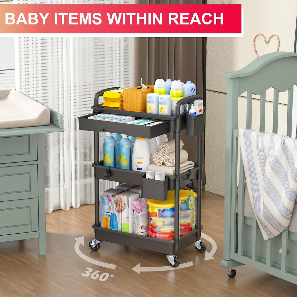 3 Tier Rolling Utility Cart Organizer with Removable Drawer, Black