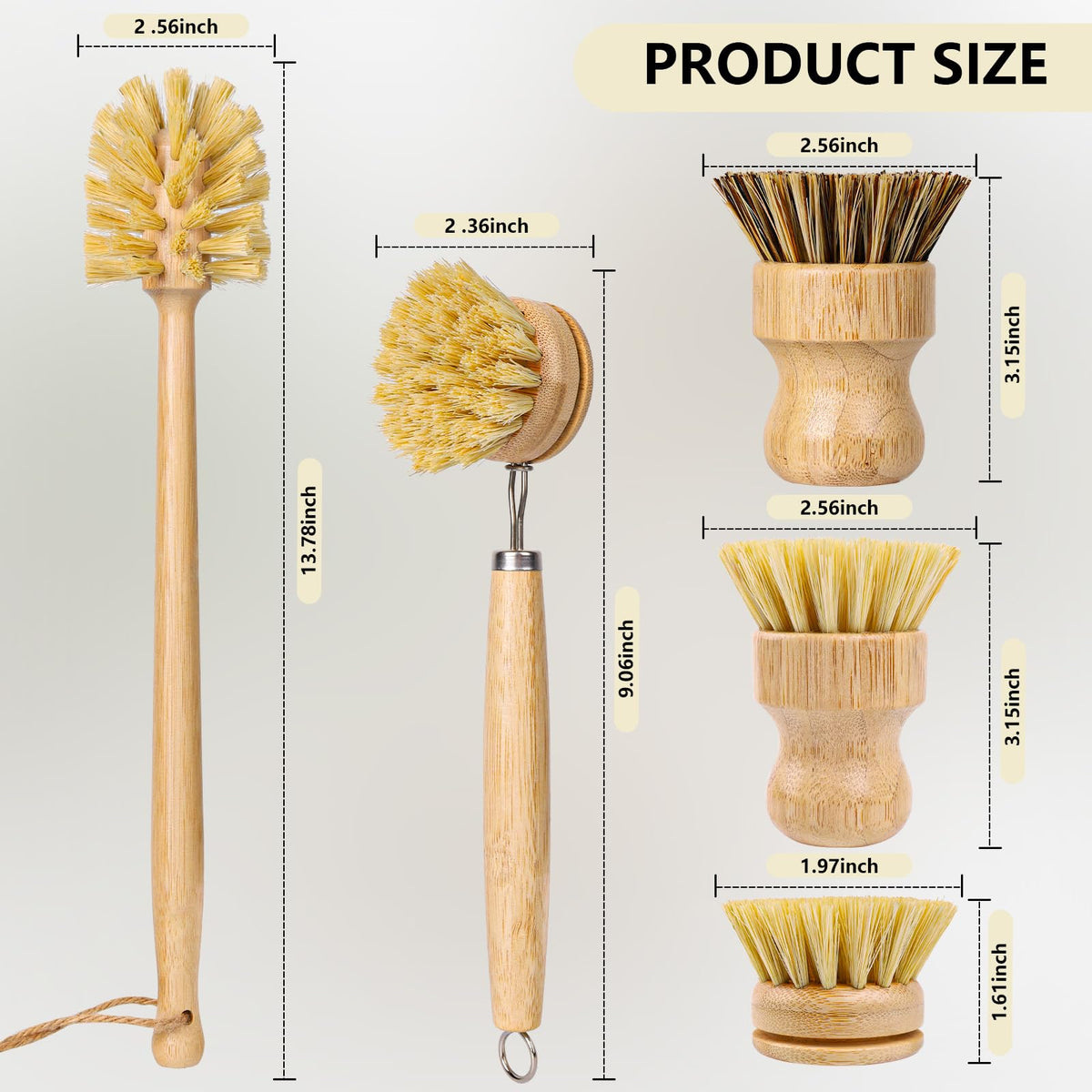 5 Pack Bamboo Dish Brush Set with 14’’ Bottle Brush