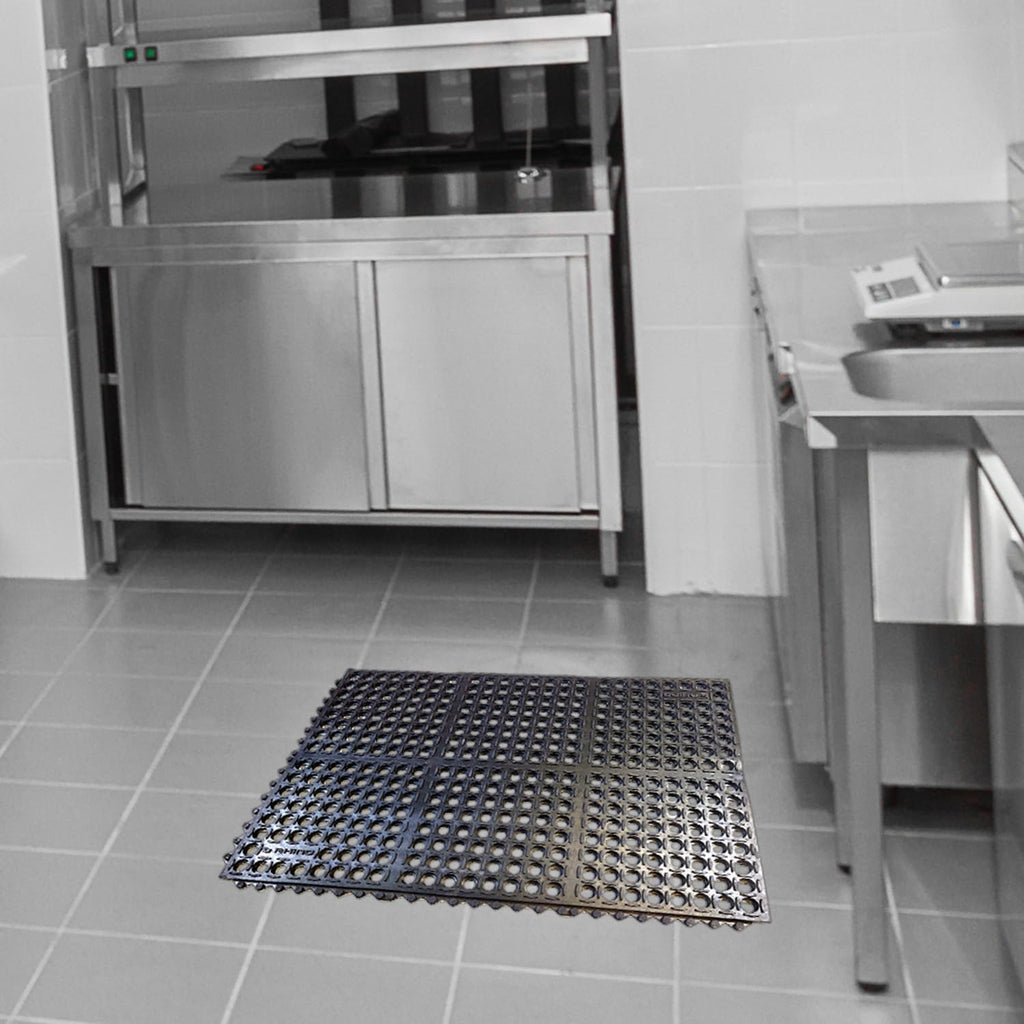 K-Series Anti-Fatigue Drain-Thru, 2' x 3' x 3/4", Black, Interlocking Restaurant Kitchen Drainage Non-Slip