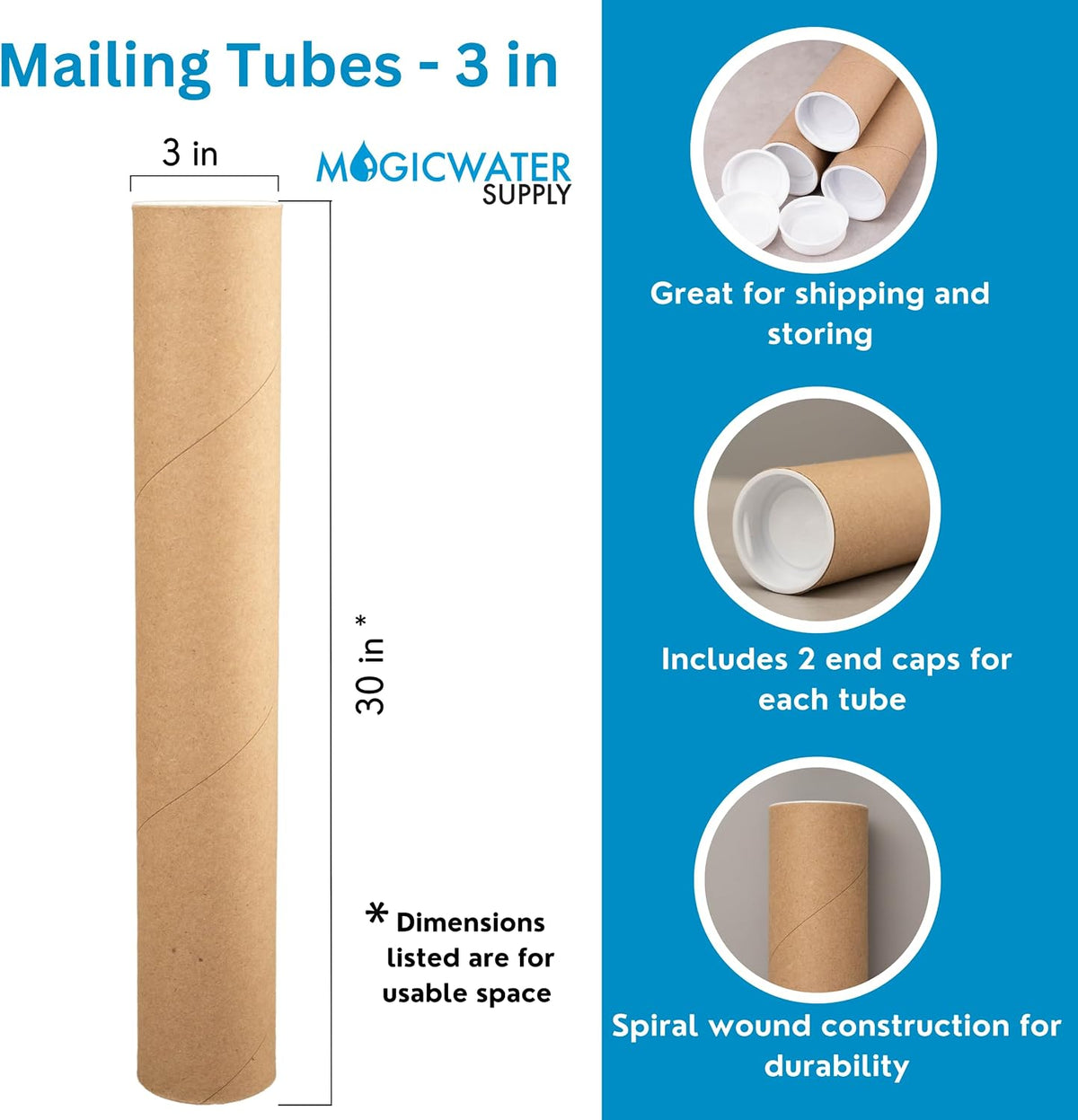 3 x 30 Inch Kraft Mailing Tubes with End Cap - 6 Pack