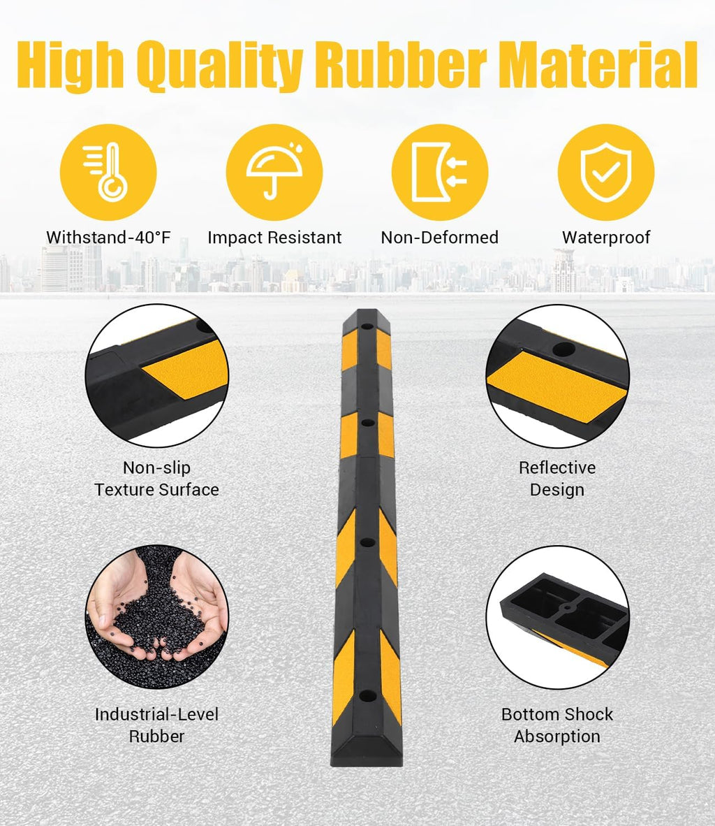 72 Inch Rubber Parking Curb, Heavy Duty Parking Stopper | 55,000 LBS Capacity, Reflective Wheel Stopper for Garage
