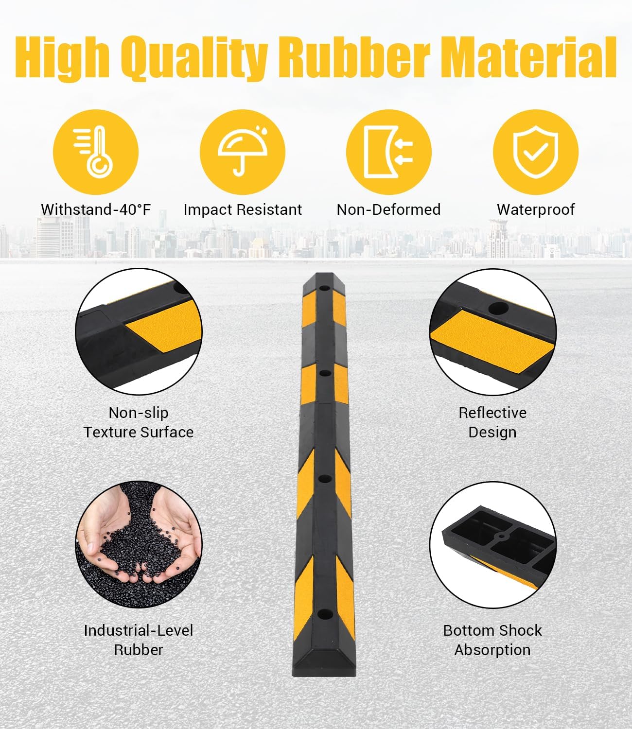72 Inch Rubber Parking Curb, Heavy Duty Parking Stopper | 55,000 LBS Capacity, Reflective Wheel Stopper for Garage