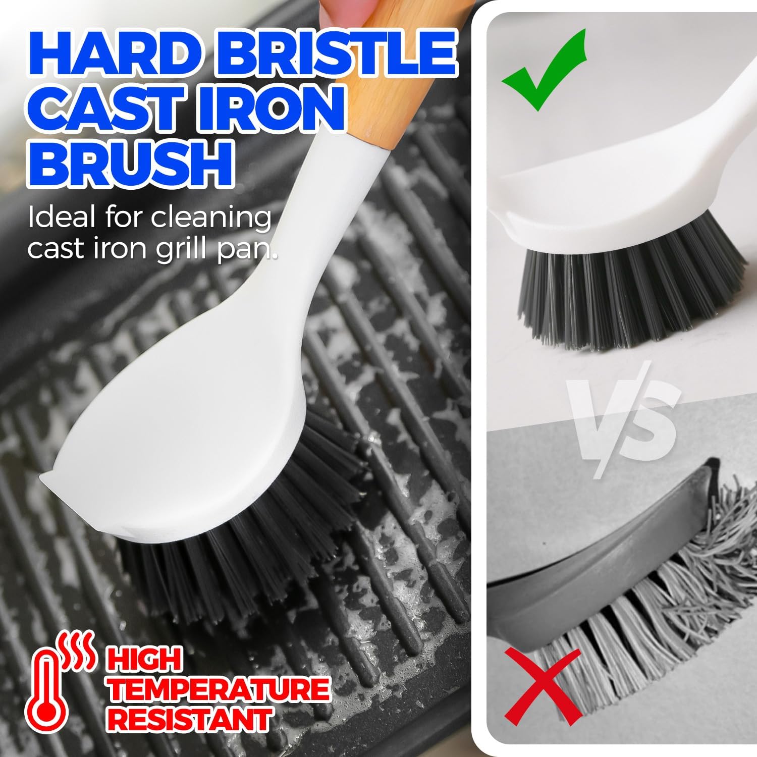 3 Pack Dish Brush Set with Bamboo Handle, Kitchen Brushes for Cleaning Pot, Sink and Stove, Skillet Scrubber with