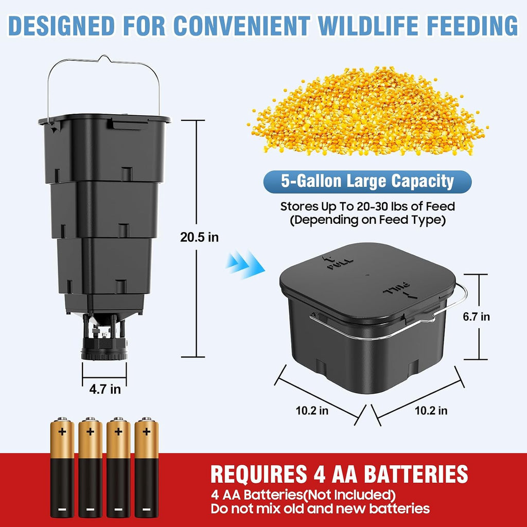 5 Gallon Hanging Deer Feeder with Accurate Timer, Automatic Game Feeder with 4 Programmable Feed Times, Collapsible