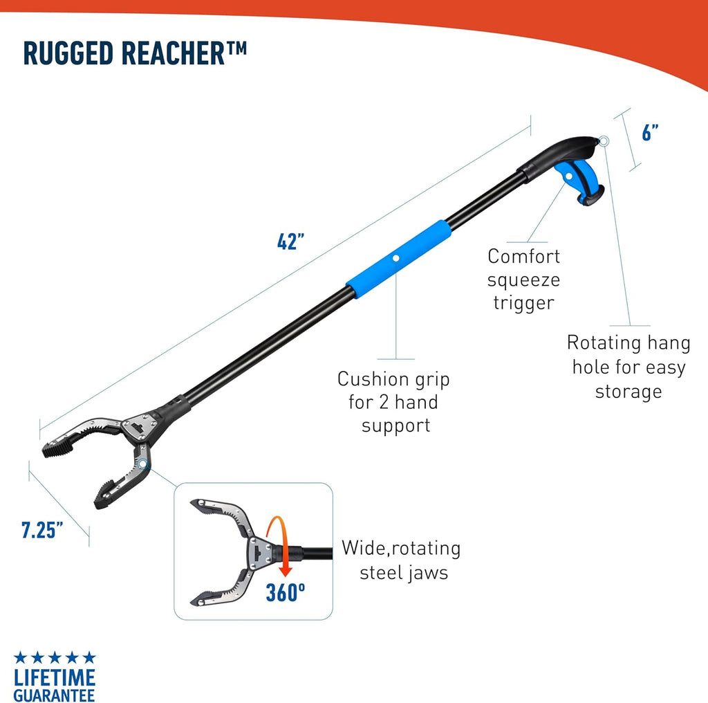 Professional 42.5” Rugged Reacher Grabber Tool with Rotating Head, Outdoor Trash Picker Upper, Heavy Duty Claw