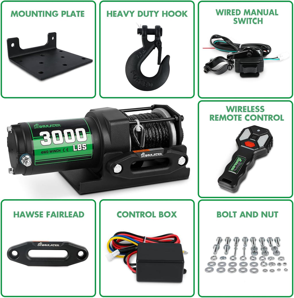3000lb ATV Winch with Synthetic Rope,Electric Winch 12V, with Wireless Remote Control and Manual Switch, with Hawse
