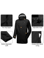 Men's Waterproof Long Rain Jacket Black XXL