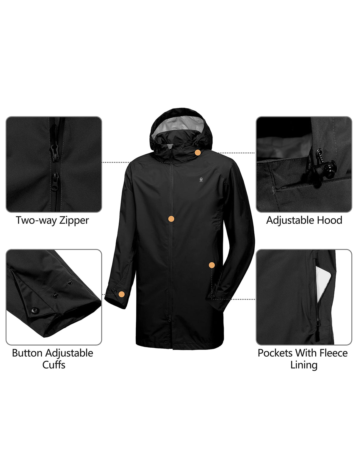 Men's Waterproof Long Rain Jacket Black XXL