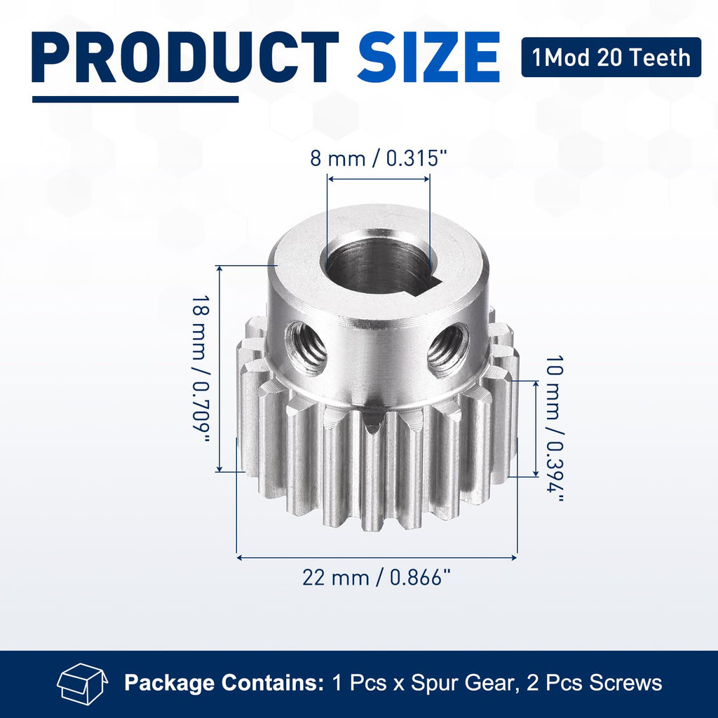 DTGN Spur Gear 1Mod 20 Teeth 10mm Thickness 8mm Bore 3x1.4mm Keyway