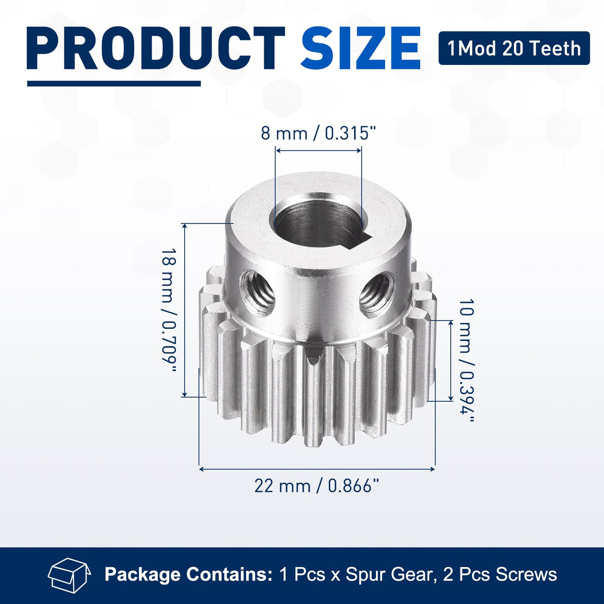 DTGN Spur Gear 1Mod 20 Teeth 10mm Thickness 8mm Bore 3x1.4mm Keyway