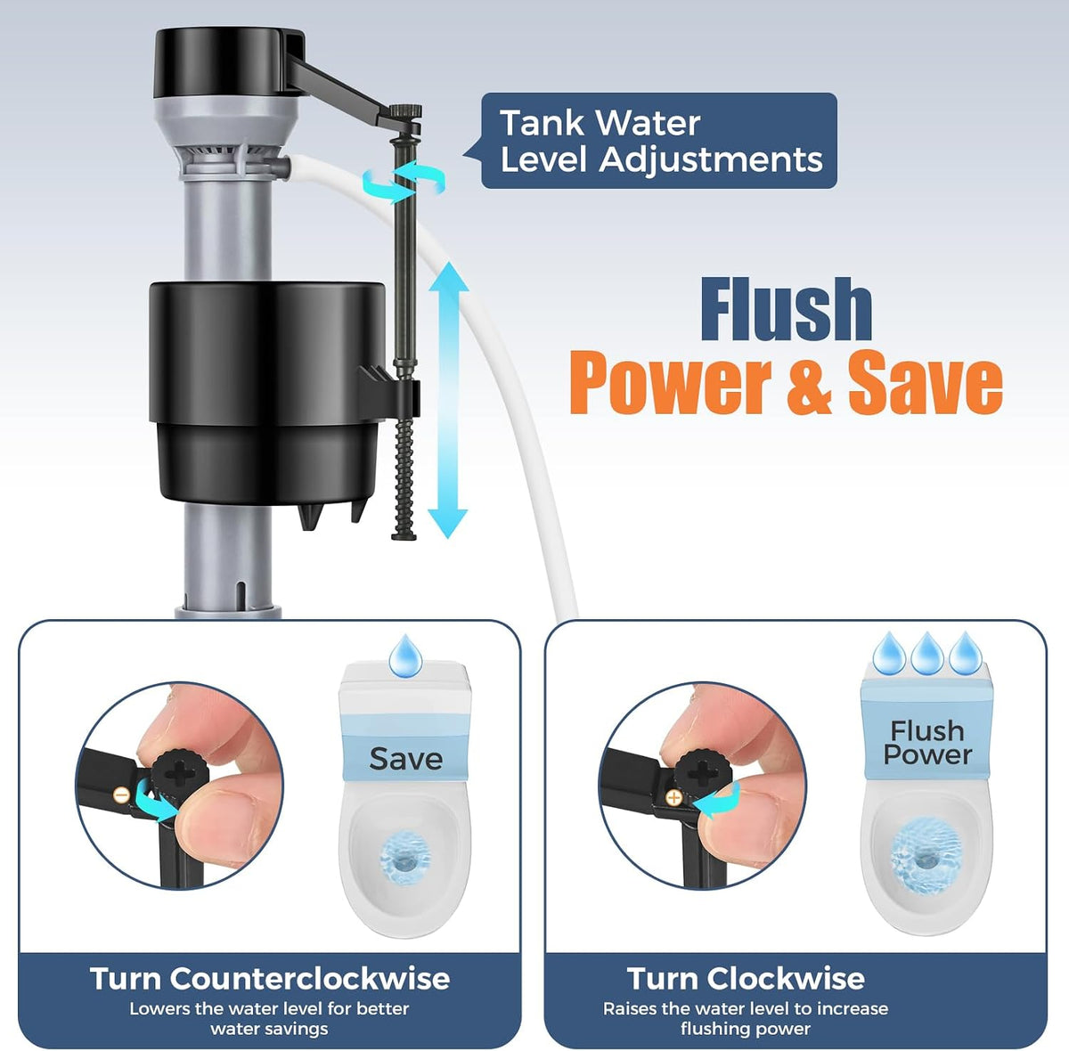 Universal Toilet Flusher Replacement Kit, Water-Saving & Height Adjustable Fill Valve, 2-Inch Flapper, Quiet &