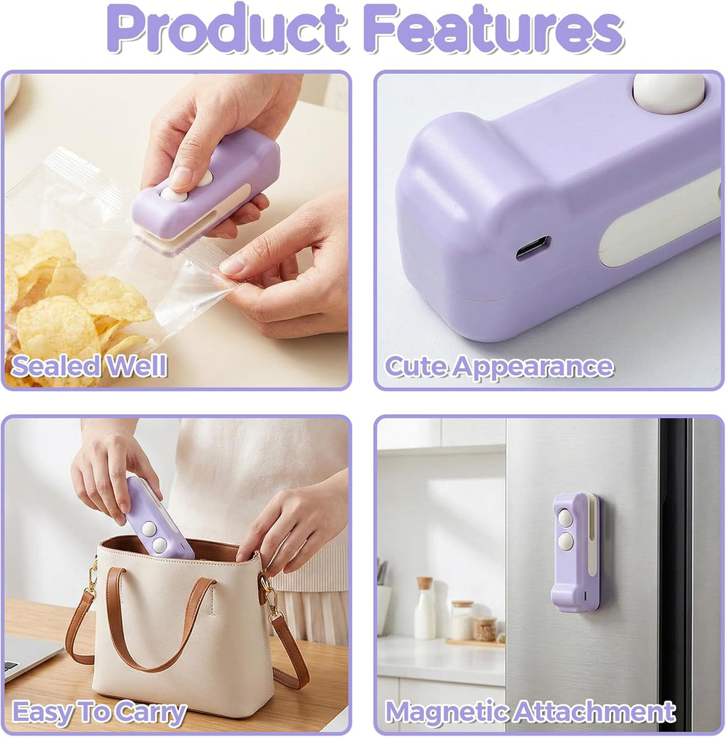 Mini Bag Sealer, 2 in 1 Rechargeable Heat Sealer and Cutter(Purple)