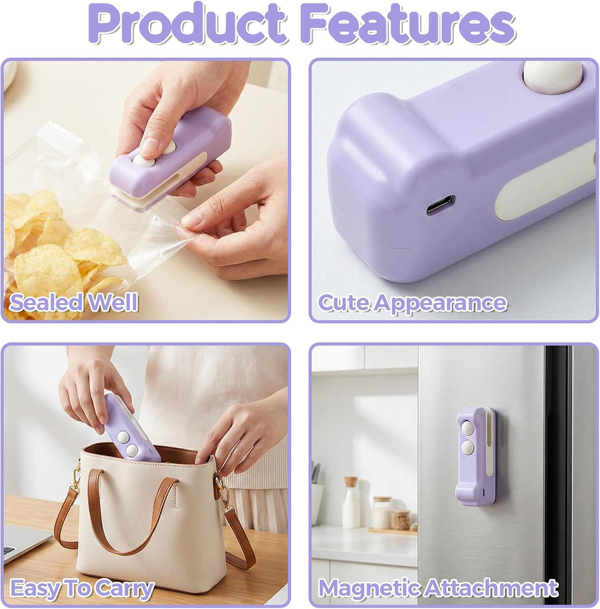 Mini Bag Sealer, 2 in 1 Rechargeable Heat Sealer and Cutter(Purple)